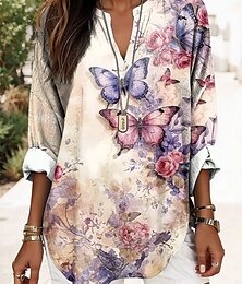 levne -Dámská Boho blůza květinový grafický motýl elegantní každodenní dámské dlouhý rukáv V krk běžné topy každodenní potisk modrá fialová béžová léto jaro