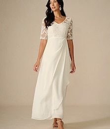 economico -Per donna Abito maxi Abito Bianco Vestito in Chiffon Elegante Matrimonio Fidanzamento Vestibilità regolare Semplice Manica Corta Scollo a V Bianco Estate Primavera Autunno Inverno