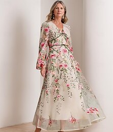 abordables -Robe de la mère de la mariée A-Ligne en dentelle brodée de fleurs mariage semi-formel simple minimaliste longueur de sol en tulle manches longues avec ceinture  ruban en velours
