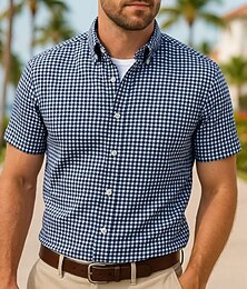 preiswerte -Herren Sommerhemd Freizeithemd Strandhemd Knopfhemd Schwarz Rosa Dunkelmarine Kurzarm Karo Revers Urlaub Hawaiianisch Button-Down Bekleidung Polyester Mode Lässig Bequem