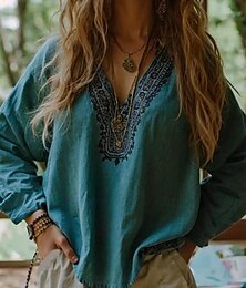 economico -Blusa Boho da donna Grafica Floreale Bohemia Vintage Tropicale Manica 3/4 V Neck Top Regolari Blu Estate Primavera