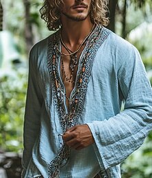 economico -Per uomo Camicia Camicia di lino Camicia popover Camicia Estiva Abbigliamento da spiaggia Semplice Vacanza Ferie Azzurro cielo Manica Lunga Scollo a V profondo Estate Primavera Abbigliamento Etnico