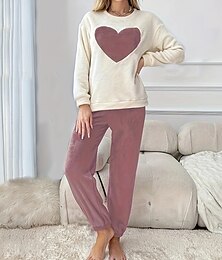 billige -Dame Pyjamas lounge Pyjamas Sett Varm Mote Fritid Hjerte Ren farge Lapper T skjorte Hjem Daglig Seng Langermet Crew-hals Hvit Høst Vinter Skreddersydd