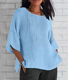 economico -camicetta da donna in cotone e lino tinta unita elegante casual manica corta girocollo top normale quotidiano festa plissettata rosa blu verde kaki beige estate