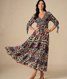 economico -abito lungo bohemien da donna scollo a V manica lunga floreale primavera estate spiaggia festa casual femminile taglie forti