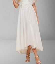 preiswerte -Engagement kleines weißes Kleid Brautparty Kleider Hochzeitskleider A-Linie V-Ausschnitt Kurzarm Asymmetrisch Chiffon Brautkleider Mit Falten Applikationen