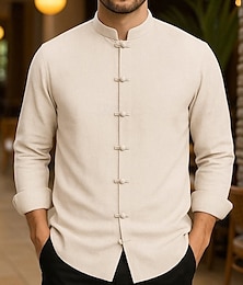 economico -Per uomo Camicia in cotone e lino Colore Solido / Tinta Unita Vacanza Nero Bianco Verde chiaro Rosa Manica Lunga Nonno Abbigliamento