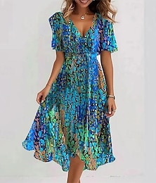 ieftine -Pentru femei Rochii Midi Rochie florala Rochie imprimata Clasic Modern În aer liber Zilnic Concediu Fit regulat Floare Manșon scurt În V Roz Îmbujorat Roșu-aprins Albastru piscină Mov Vară