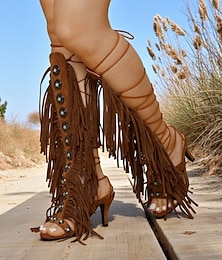 abordables -Sandalias de gladiador con flecos estilo bohemio marrón para mujer: botas con cordones hasta la rodilla de estilo occidental para festivales de música, fiestas de verano y moda retro.