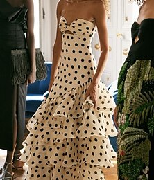 abordables -Vestidos de Cóctel Línea A Vestido en Capas Semi Formal Invitada de Boda Largo hasta el Suelo Sin Mangas Escote Corazón Chifón con Volantes Fruncidos Estampado de Lunarcitos