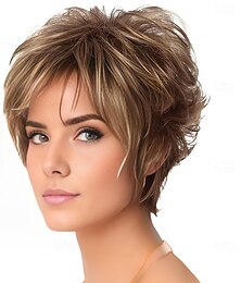 cheap -Pixie Layered Short Blonde Brown Wigs for White Women With Bangs Realistic Wig Synthetic Heat Resistant Wigs Daily Use Wig