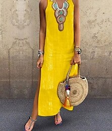 economico -Per donna Abito maxi Abito Estivo Casual Boho Quotidiano Vestibilità regolare Grafico Senza Maniche Collo a V Bianco Giallo Vino Grigio Estate