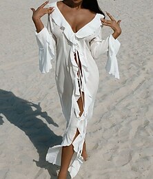 abordables -Maillots de Bain Femme Couverture Robe de Bain Maillot Volants Vacances Plage Tenue Couleur Unie Col en V Manches Longues Maillots de Bain