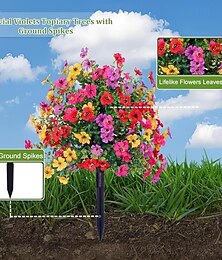 abordables -Decoración de arbusto de flores artificiales para exteriores con estacas de tierra, eucalipto artificial y estacas de jardín violetas para patio, decoración del hogar, vegetación de primavera y
