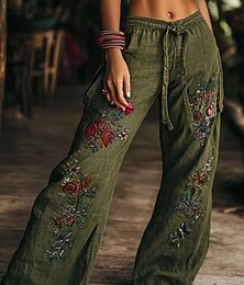 abordables -Pantalones bohemios para mujer chinos de pierna amplia vacaciones estilo vintage étnico de longitud completa cintura alta floral gráfico con bolsillo cinturilla elástica impresión cómoda suave cómoda