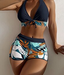 abordables -Maillots de bain pour femmes bikini 2 pièces maillot de bain short dos nu ajusté vacances plage vêtements floral halter sans manches