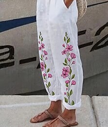 economico -Pantaloni Donna Cotone Lino Pantaloni Baggy Pantaloni in Lino Come Pantaloni Corti da Spiaggia Vacanza Moda Vintage Lunghezza Completa Alta Vita Stampa Grafica Floreale Farfalla Termici Caldi