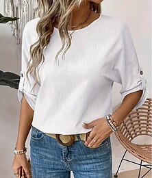 economico -Camicetta da donna in cotone e lino, tinta unita, elegante, casual, manica a 3/4, scollo a V, normale, per tutti i giorni, per le feste, con bottoni, bianca, gialla, verde, beige, estate, primavera.