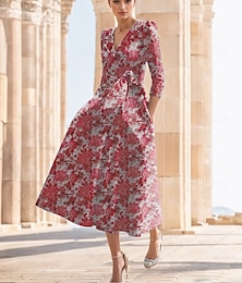 economico -Abiti da cocktail A-Line floreali in jacquard abito elegante ufficiale matrimonio lunghezza caviglia manica mezza scollatura a V nylon stampa apertura tasca abito per ospiti al matrimonio