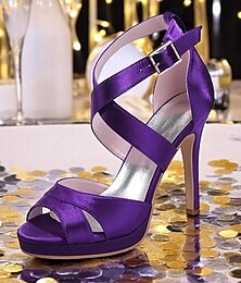 お買い得  -女性用パープルサテンストラップハイヒール - バックル留めのプラットフォームカクテルサンダル、イブニングパーティーや結婚式に最適