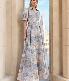 billige -Jacquard Brokade Blomstrete Blå A-Linje Kveldsdrakt Elegant Kjole Formell Bryllup Gulvlengde Korte Ermer Skjortekrave Nylon med Splitt Lomme Bryllupsgjest Kjole