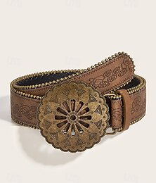 abordables -Cinturón ancho de cuero con grabado floral bohemio para mujer: estilo vintage occidental con hebilla de flor dorada antigua, cinturilla ajustable para vestidos, festivales y uso diario.