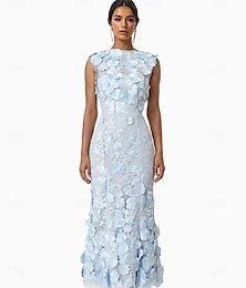 ieftine -Rochii de Petrecere Sirenă Albastră Rochie Elegantă Nuntă Invitat la Nuntă Lungime Glezna Fără Mâneci Gât Rotund Poliester Fără Spate cu Model Floral