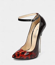 abordables -Escarpins à talons aiguilles rouges à imprimé léopard pour femmes – talons hauts pointus et vernis sexy avec bride à la cheville pour les soirées et les looks de vie nocturne