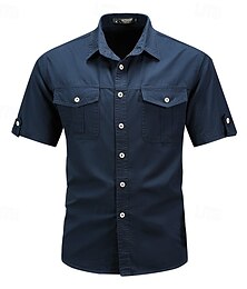 billiga -Herr Skjorta Sommarskjorta Casual skjorta Knapp upp skjorta Cargo skjorta Djupblå Khaki grön Armégrön Beige Grå Kortärmad Slät Tröjkrage Semester Hawaiisk Ficka Kläder 100 % bomull Mode Ledigt Bekväm