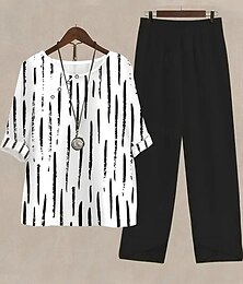 economico -Set Donna 2 Pezzi Camicia Pantaloni Maniche Mezze Collo Rotondo Stampa Grafica Geometrica Punti Vacanza Weekend Nero Estate Vestibilità Regolare