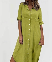 economico -Per donna Abito Midi Abiti ispirati al lino Abito Camicia Abito in cotone e lino Moda Classico Quotidiano Uscire Weekend Vestibilità regolare Semplice Manica Lunga Colletto a Camicia Nero Blu Verde