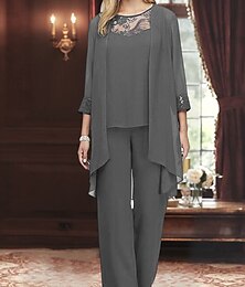 abordables -Robes de mère de la mariée en 3 pièces élégante vintage col rond longue spandex manches longues avec couleur unie