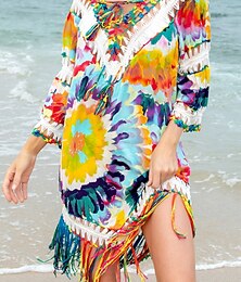 abordables -Femmes Maillots de Bain Vêtement couvrant Maillot de bain Ourlet à franges Tropical Tenues de plage Fleur Fil en V manche longue Maillots de bain