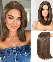 economico -Parrucche bob per donna con riga in mezzo, stile bob, parrucche sintetiche resistenti al calore, in fibra, di colore castano chiaro.