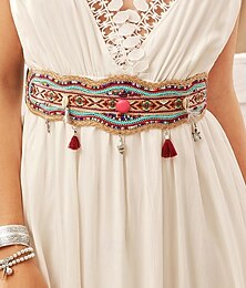 preiswerte -Damengürtel im Bohemian-Stil, handgefertigt, mit Perlen besetzt, elastisches Band mit Quasten und Anhängern – farbenfrohes Stickdesign für Damen, perfekt für Strandbekleidung, Festivals und Sommeranlässe