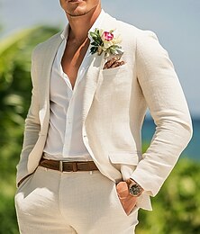 economico -Uomo Matrimonio in Spiaggia Completi in Lino Bavero classico Bianco Azzurro cielo Moda Leggero Tinta unita Vestibilità standard 2 pezzi Monopetto a un bottone