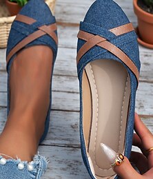 abordables -Bailarinas cruzadas de piel sintética y denim azul oscuro para mujer: bailarinas casuales de inspiración vintage para uso diario y para el fin de semana.