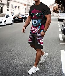 abordables -Hombre Personaje animado 2 piezas Conjuntos de camisetas Tops de verano Manga Corta Pantalones cortos Cuello Barco Deportes Casual De moda Deporte Casual Diario Impresión 3D Verano Rojo rubí Negro