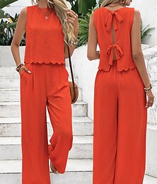 abordables -Femmes Mode Ensembles de Pantalons Sans manches Col rond Couleur Unie À lacets Dos nu Nœud Décontracté Quotidien Noir Bleu Marine Orange Été Coupe régulière