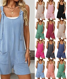 abordables -Mono de mujer con peto normal, ropa de calle, color liso, sin mangas, cuello en V, bolsillo, corte regular, para uso diario, negro, rosa y vino, para verano.