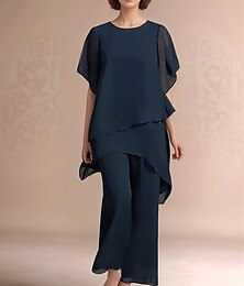 abordables -Pantalon Mère de la Mariée Robe Élégante Col Chemise Asymétrique Chiffon Manches Courtes avec Couleur Unie