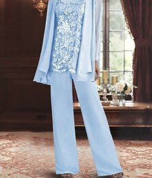 abordables -Tailleur-pantalon trois pièces robe mère de la mariée élégante col rond longueur sol polyester manches longues avec perles