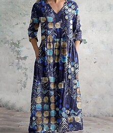 abordables -Femmes Robe Midi Robe en coton et lin Robe bohème Classique Moderne Vacances Fête Sortir Coupe régulière Fleur manche longue Col en V bleu marine Abricot Été
