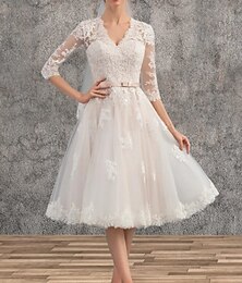 abordables -Robe Petite Mariée Blanche Engagée Robes de Mariée A-Ligne Col en V Manches 3/4 Longue Longueur de Thé Satinée Robes de Mariée Avec Ceinture  Appliqués en Ruban