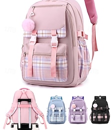 お買い得  -女の子用大容量チェック柄バックパック（ポンポンチャーム付き） - 防水ナイロンスクールバッグ（ティーン、旅行、大学用）ブラック、ピンク、ブルー
