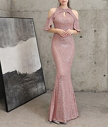 abordables -Robe de Quinceanera sirène  trompette robe élégante robe de mariage robe d'invitée longueur de sol sans manches col haut sequins avec sequins
