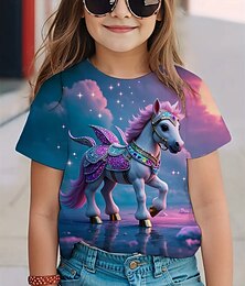 economico -Ragazze 3D Cavallo Maglietta Manica Corta Estate Primavera Moda Essenziale Bambini 4-12 Anni Girocollo All'aperto Casuale Quotidiano Vestibilità regolare