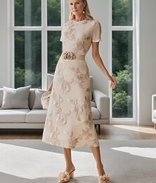 voordelige -Bloemgeborduurde Kant Sheath  Kolom Moeder van de Bruid Jurk Set Elegante Eenvoudige Minimalistische Crew Hals Thee Lengte Tule Korte Mouw Bruiloft Gast Jurk 2025