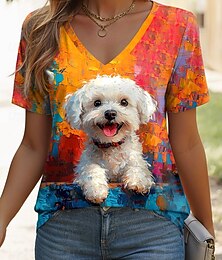 abordables -Mujer Camiseta Graphic Animal Perro Vintage Elegante Casual Manga Corta Escote en Pico Tops regulares Diario Estampado Amarillo Azul Piscina Naranja Azul claro Verano Primavera