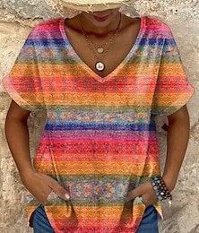 economico -Per donna Maglietta Grafico Geometrico Blocco di colori Elegante Casual Manica Corta Scollo a V Top Regolari Quotidiano Weekend Stampato Arcobaleno Estate Primavera